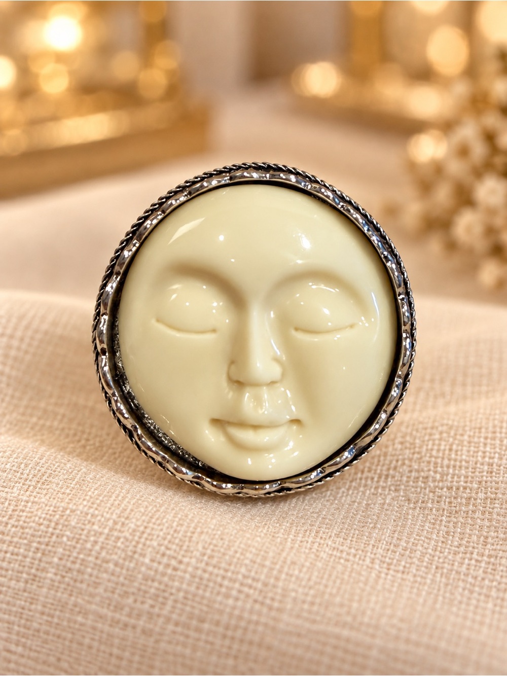 Cream Moon Face adjustable ring